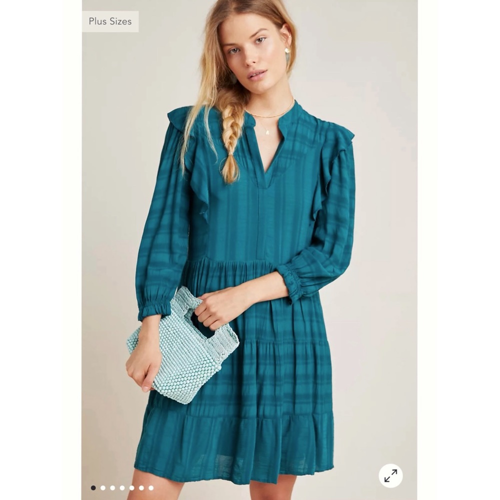 Anthropologie AMADI Rossi Teal Ruffle Mini Dress Sz Small